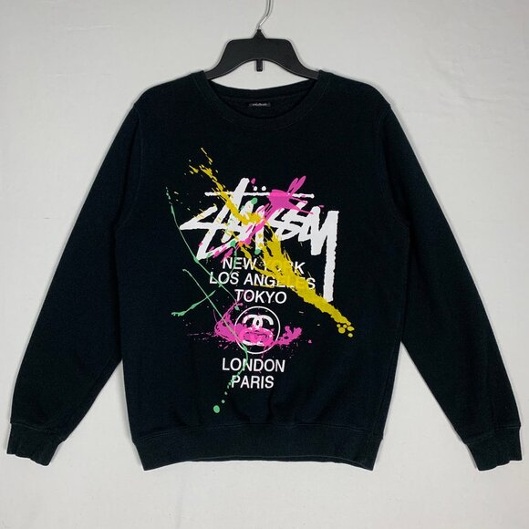 Stussy Men's World Tour Paint Splatter Black Crewneck Sweater Sweatshirt Medium - Picture 1 of 13